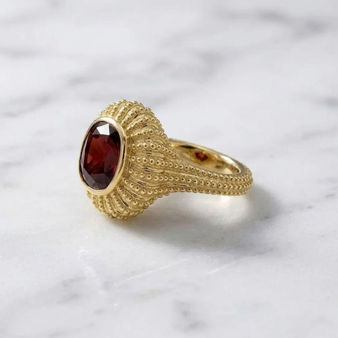Royal Sunburst Cushion Ruby Gold Ring 18KT Solid Gold