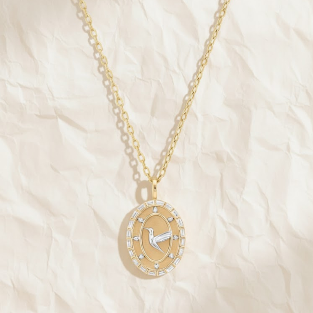 Diamond Medallion Pendant, Vintage Inspired Hummingbird Bird Charm, Two-Tone Gold Statement Necklace, Gift for Her