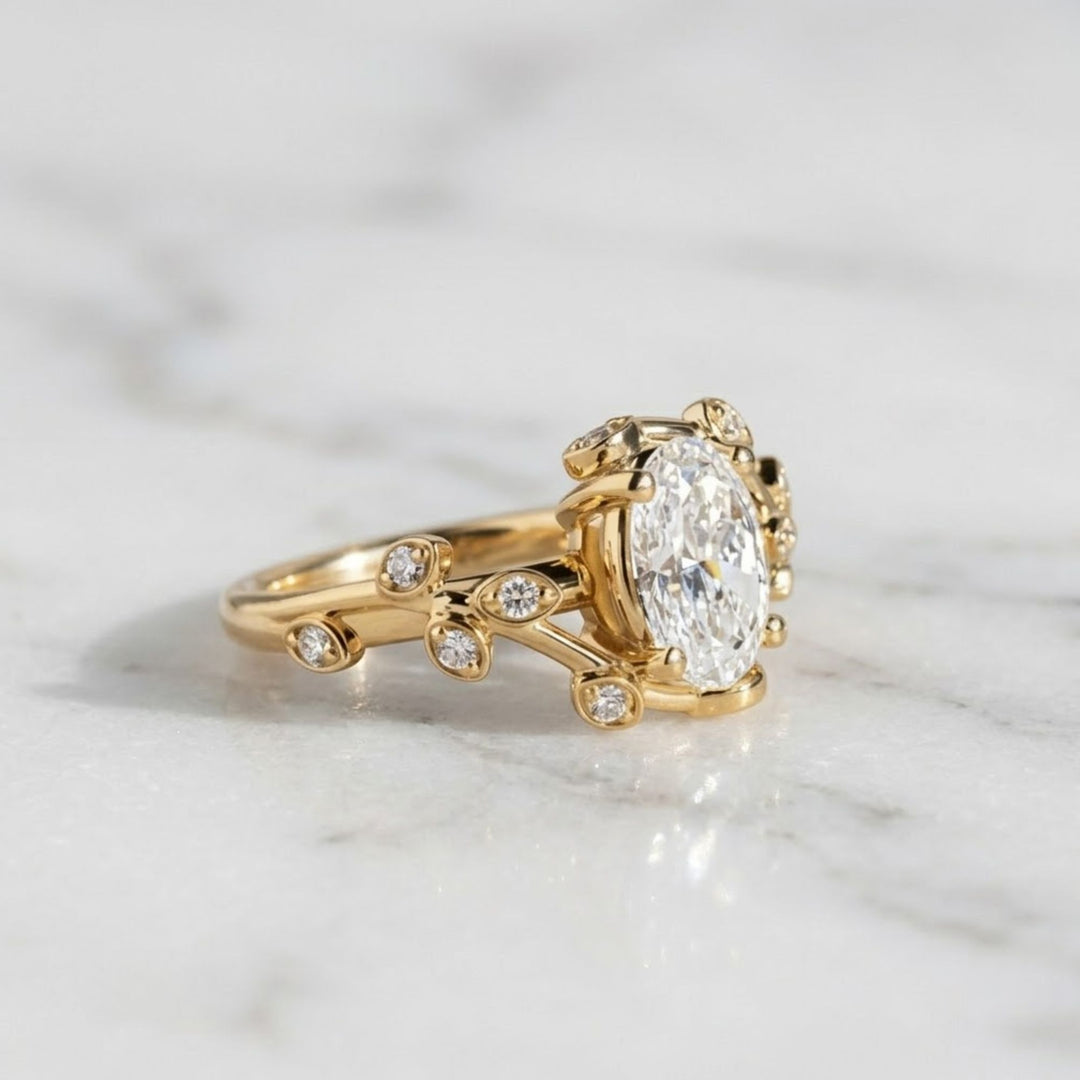 Diamond Engagement Ring, Oval Center Stone, Bezel & Prong Set, 14K Gold, F+ VS+, Botanical Split Shank, Sustainable Jewelry