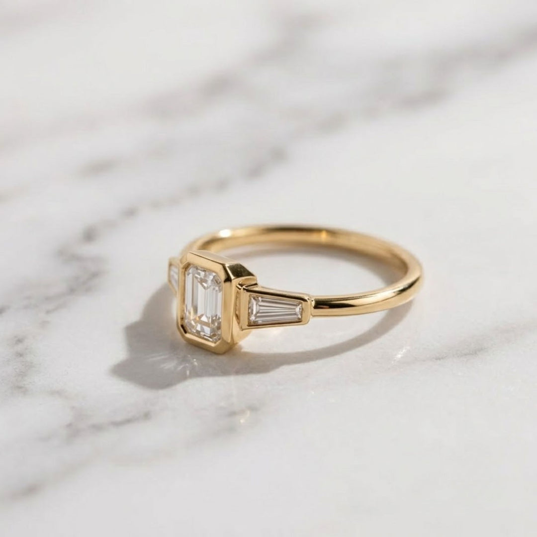 Lab Grown Emerald Cut Diamond Engagement Ring 2 Carat VS1 F Color 14K Gold Bezel Set with Trapezoid Side Stones