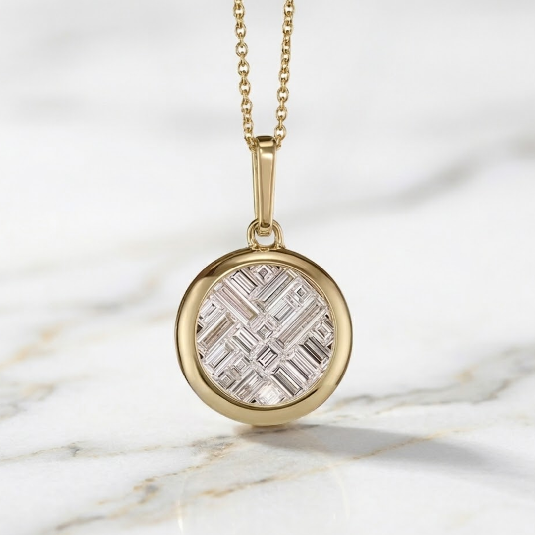 14K Solid Gold Lattice Invisible Set Diamond Pendant Necklace, Baguette Cut Lab Grown Diamonds, Circle Jewelry