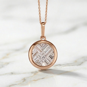 14K Solid Gold Lattice Invisible Set Diamond Pendant Necklace, Baguette Cut Lab Grown Diamonds, Circle Jewelry
