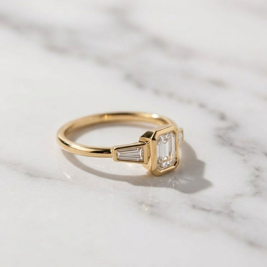 Lab Grown Emerald Cut Diamond Engagement Ring 2 Carat VS1 F Color 14K Gold Bezel Set with Trapezoid Side Stones