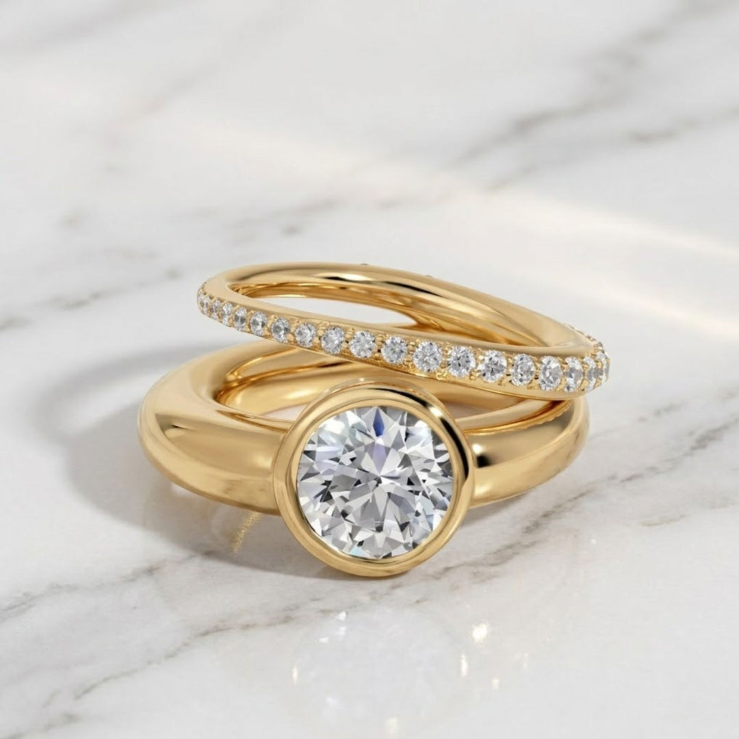 Lab Grown 2.00 CT Round Diamond Engagement Ring, 14K Gold Bezel Set, Pave Band