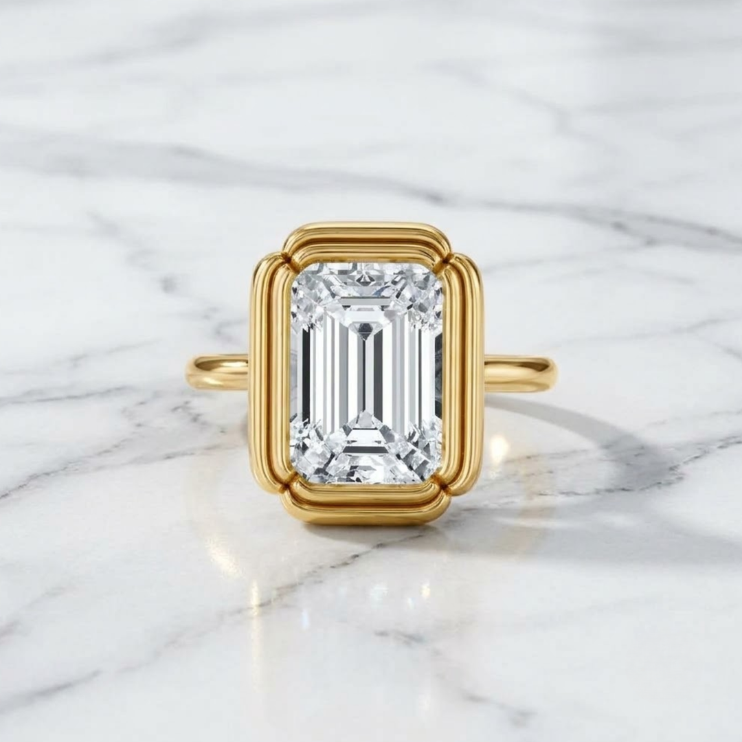 6 Carat IGI Certified Emerald Cut Lab Grown Diamond & 14K Solid Gold Ring