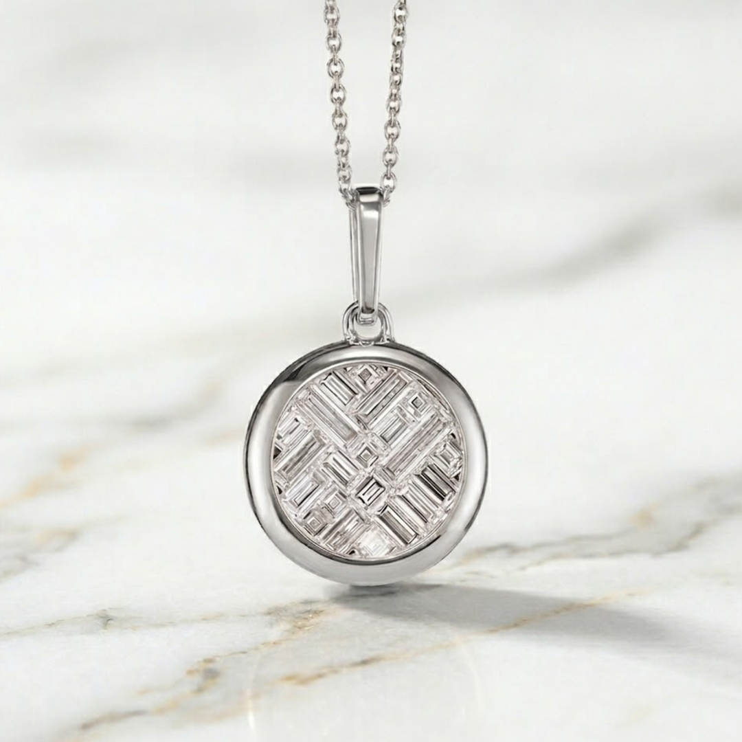14K Solid Gold Lattice Invisible Set Diamond Pendant Necklace, Baguette Cut Lab Grown Diamonds, Circle Jewelry