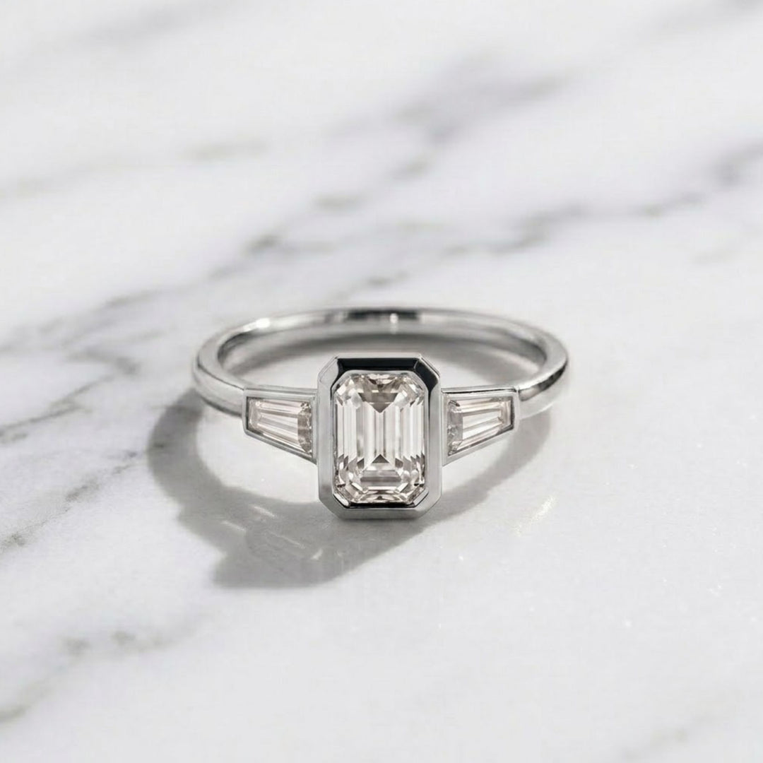 Lab Grown Emerald Cut Diamond Engagement Ring 2 Carat VS1 F Color 14K Gold Bezel Set with Trapezoid Side Stones