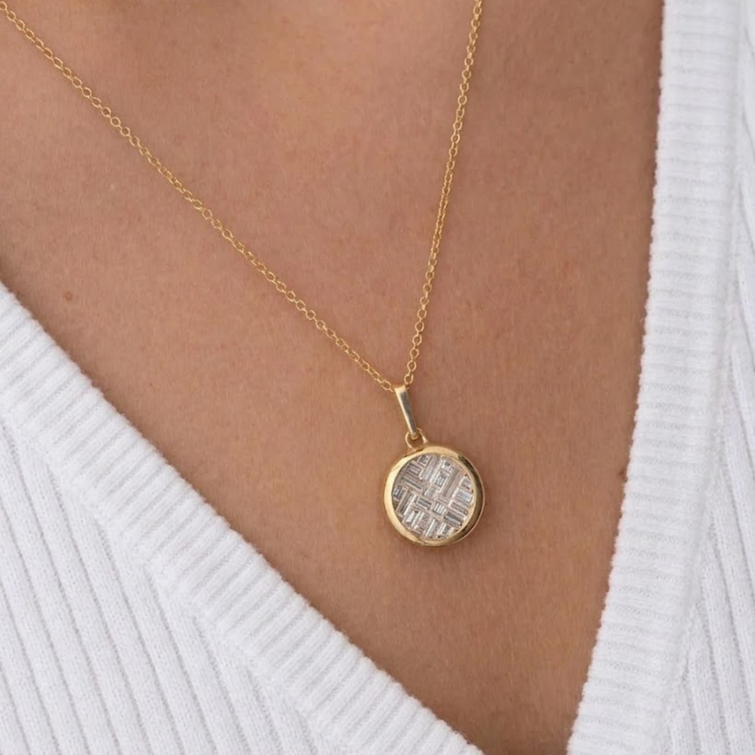 14K Solid Gold Lattice Invisible Set Diamond Pendant Necklace, Baguette Cut Lab Grown Diamonds, Circle Jewelry