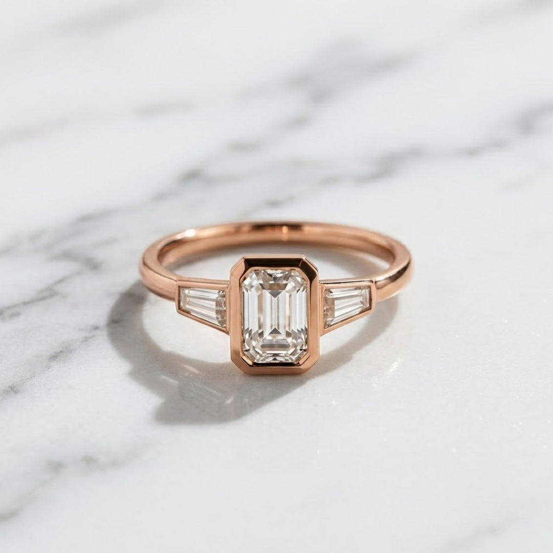 Lab Grown Emerald Cut Diamond Engagement Ring 2 Carat VS1 F Color 14K Gold Bezel Set with Trapezoid Side Stones