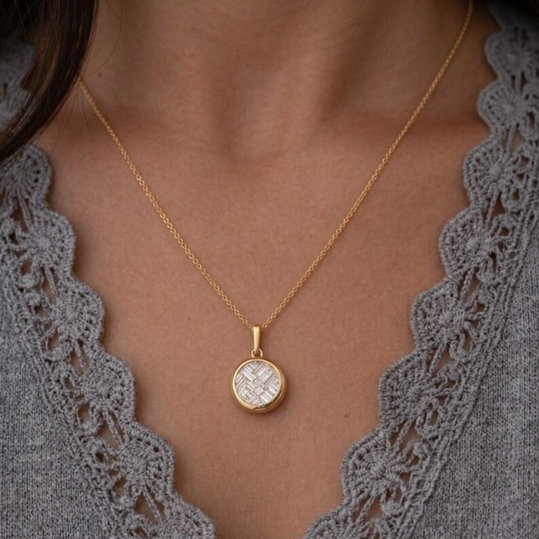 14K Solid Gold Lattice Invisible Set Diamond Pendant Necklace, Baguette Cut Lab Grown Diamonds, Circle Jewelry