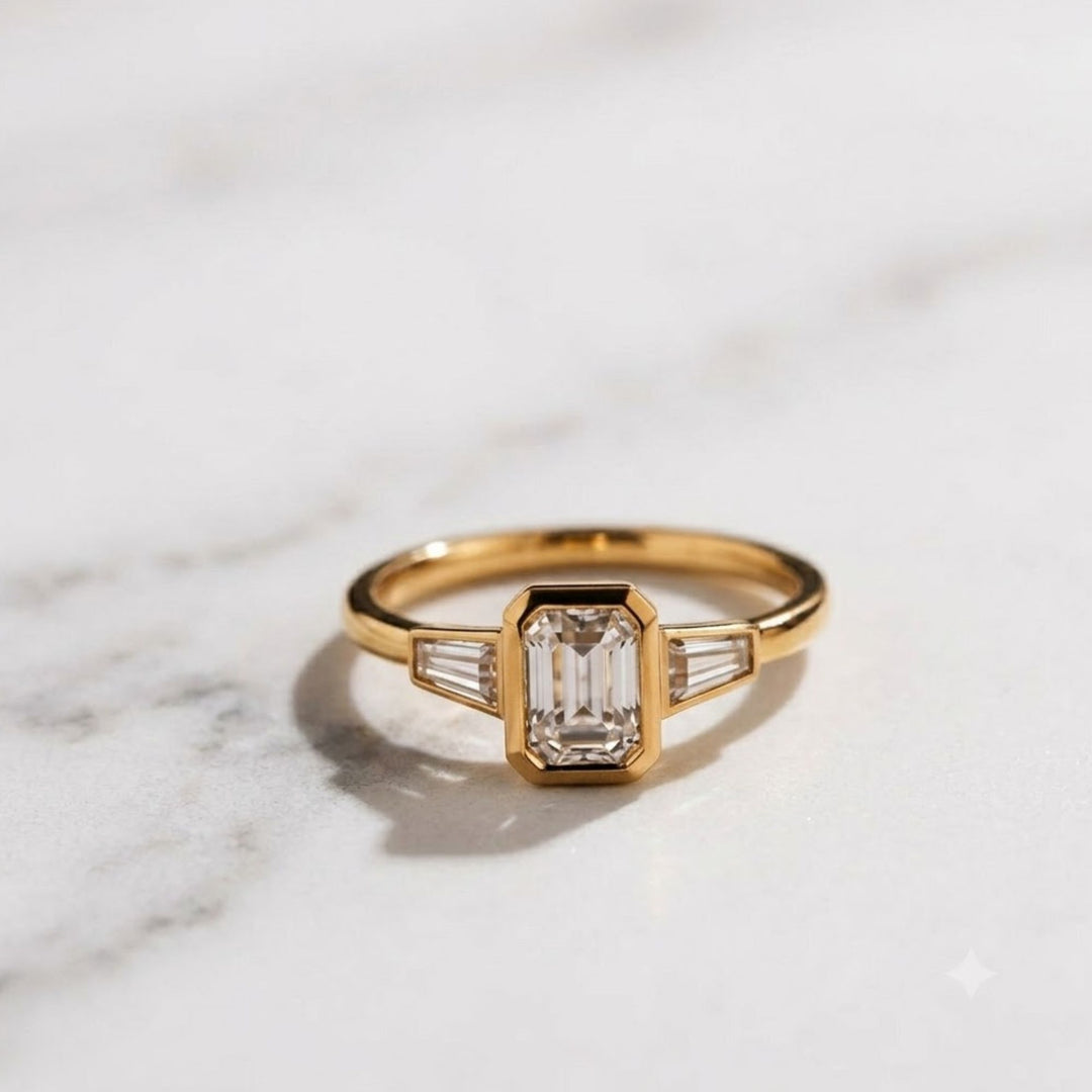 Lab Grown Emerald Cut Diamond Engagement Ring 2 Carat VS1 F Color 14K Gold Bezel Set with Trapezoid Side Stones