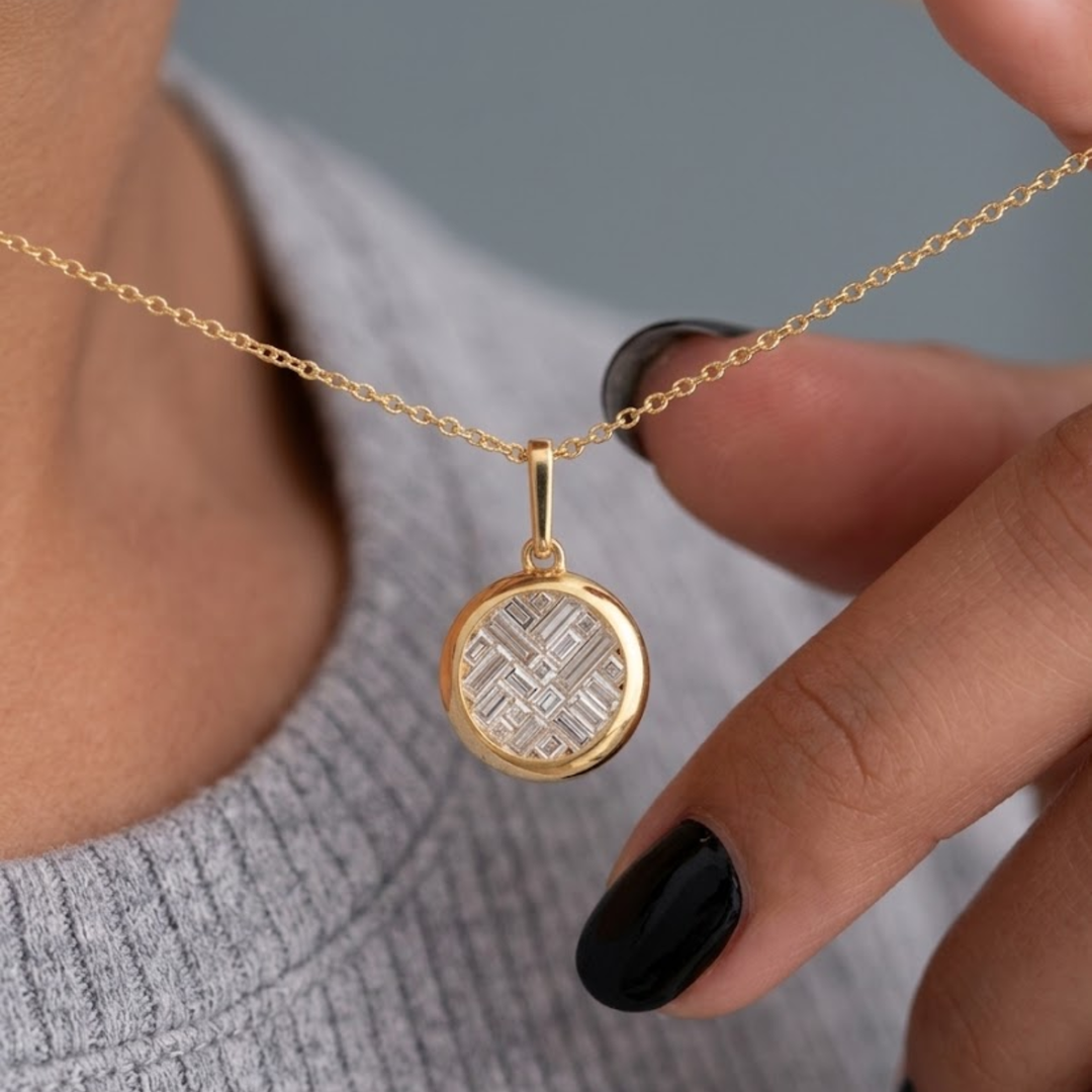 14K Solid Gold Lattice Invisible Set Diamond Pendant Necklace, Baguette Cut Lab Grown Diamonds, Circle Jewelry