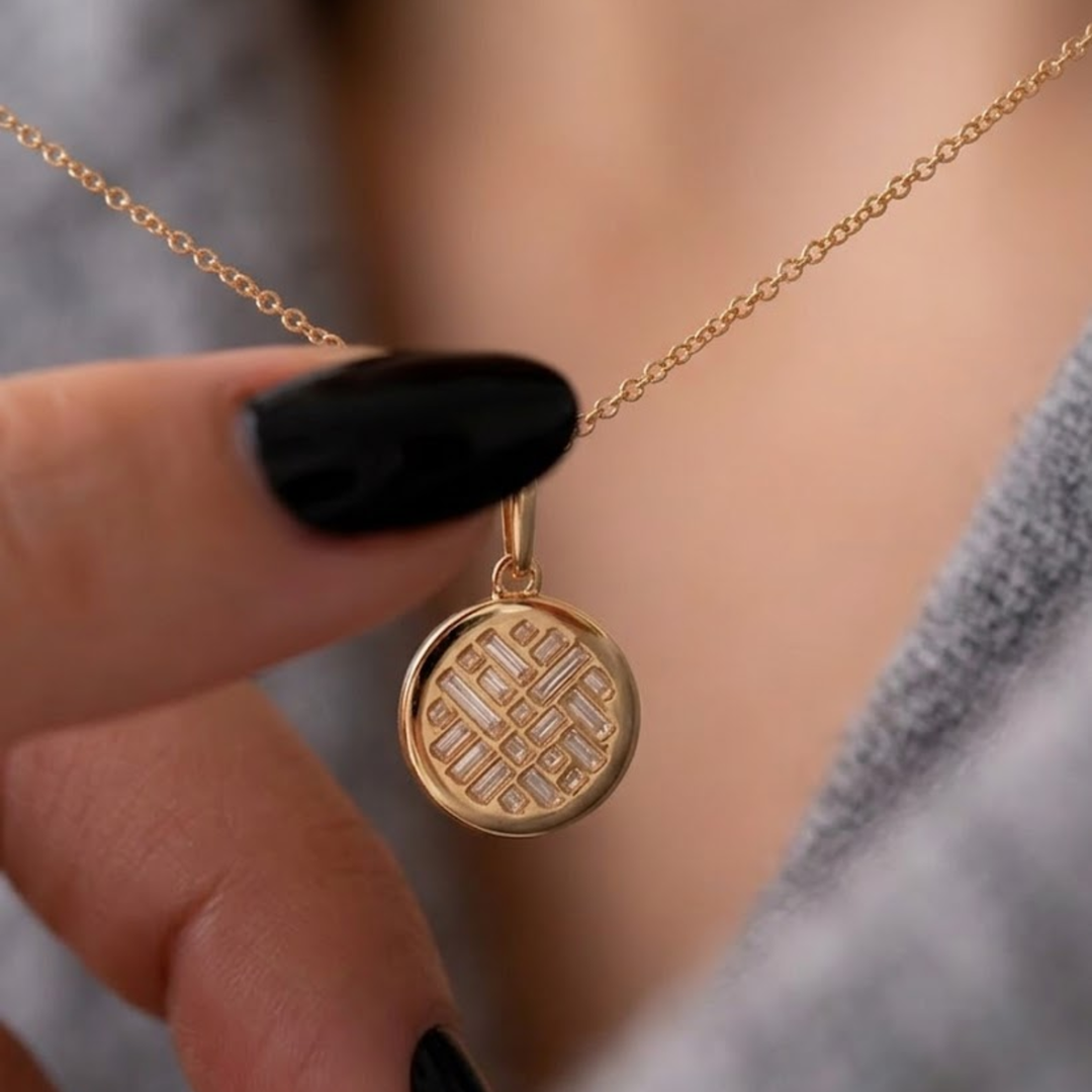 14K Solid Gold Lattice Invisible Set Diamond Pendant Necklace, Baguette Cut Lab Grown Diamonds, Circle Jewelry