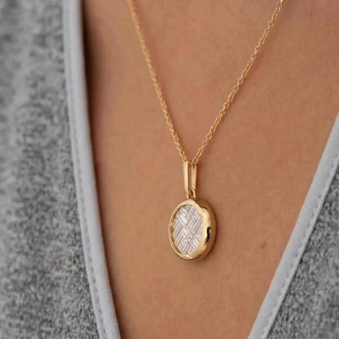 14K Solid Gold Lattice Invisible Set Diamond Pendant Necklace, Baguette Cut Lab Grown Diamonds, Circle Jewelry