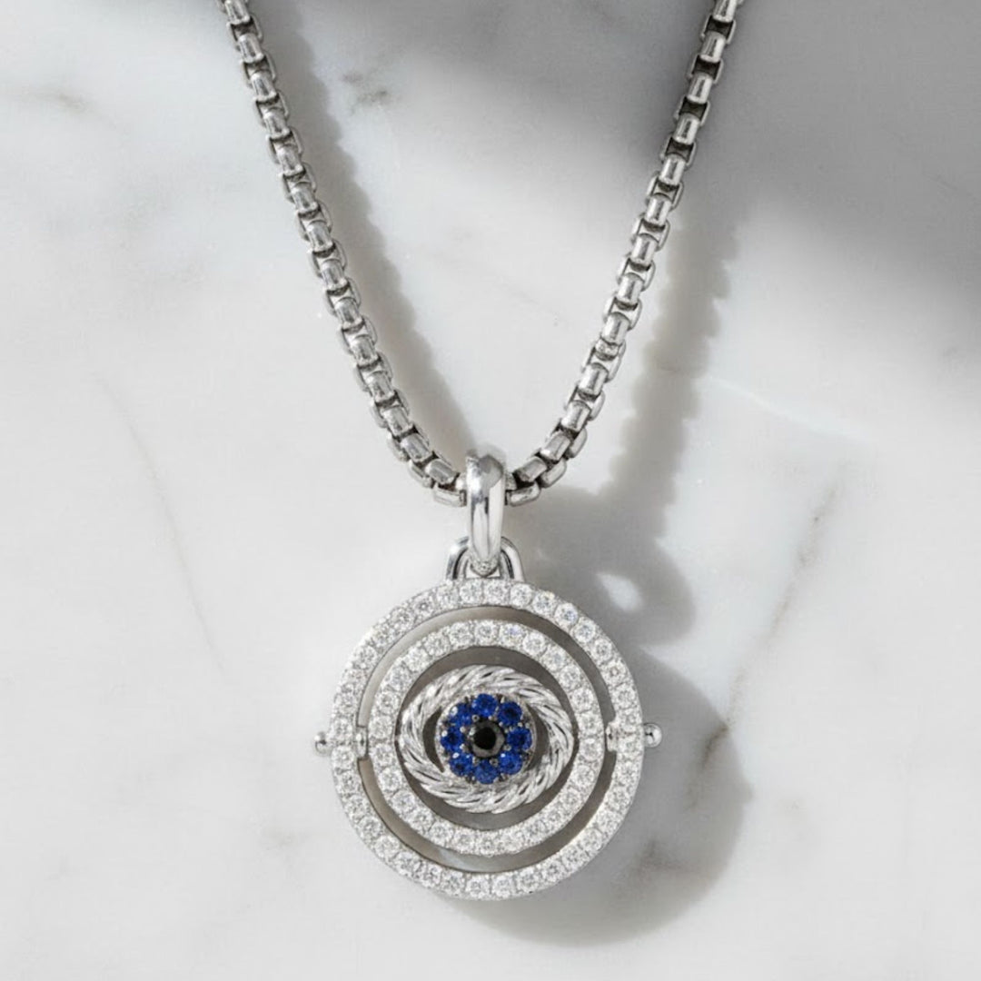 Diamond and Blue Sapphire Evil Eye Pendant Necklace, 14K Gold, Pave Set, Spiritual Birthstone Jewelry, Gift for Her