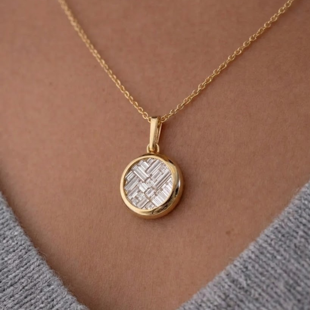 14K Solid Gold Lattice Invisible Set Diamond Pendant Necklace, Baguette Cut Lab Grown Diamonds, Circle Jewelry
