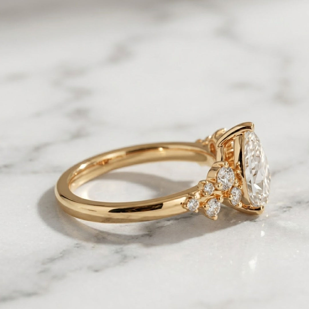 Pear Cut Lab Grown Diamond Engagement Ring, 1 Carat Tear Shape Solitaire in 9K, 14K, 18K Gold | Handmade Minimalist Wedding