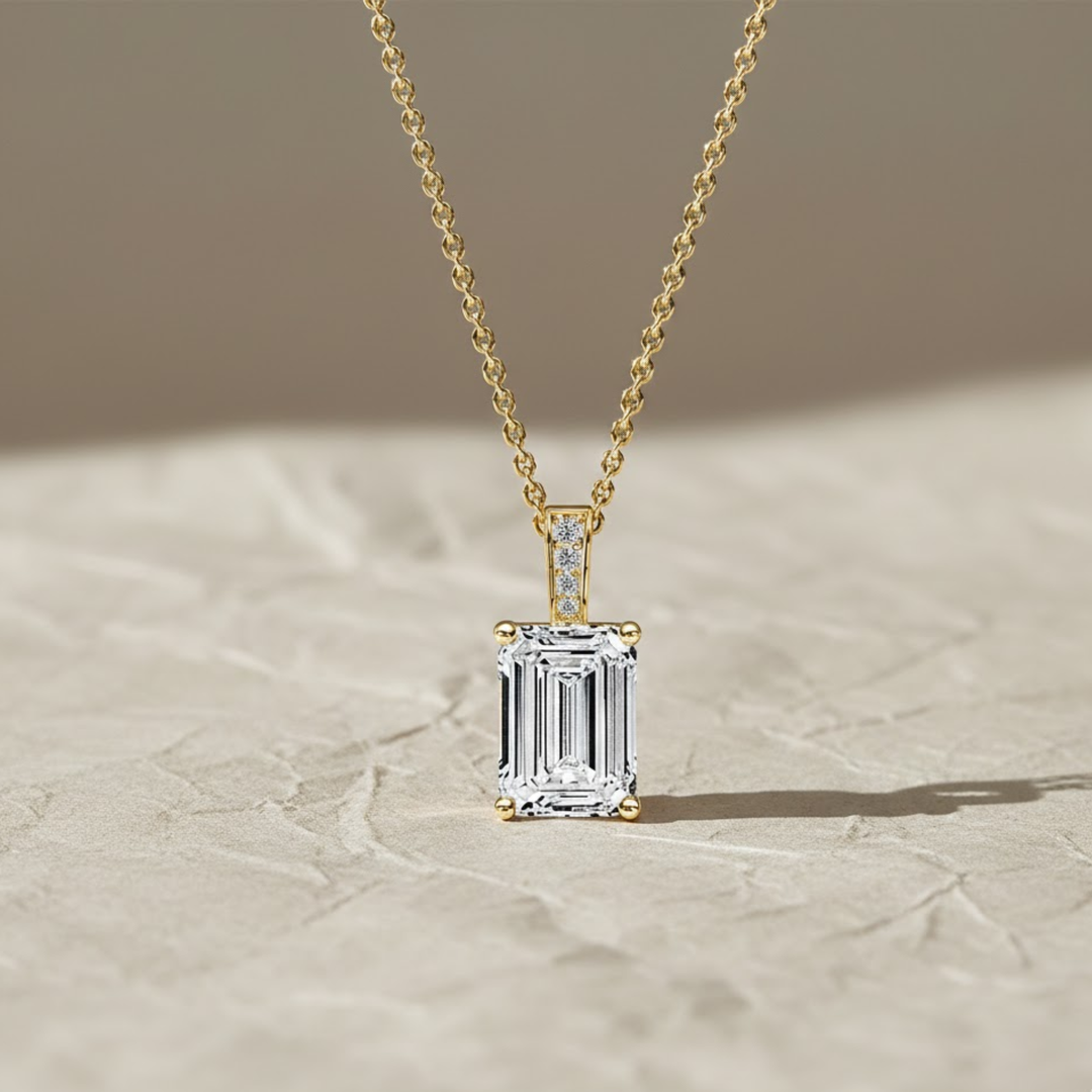 14k Gold Emerald Cut Lab Grown Diamond Charm Pendant, 1.50 CTW Lab Grown Diamond Solitaire Necklace Prong Setting IGI Certified Diamond