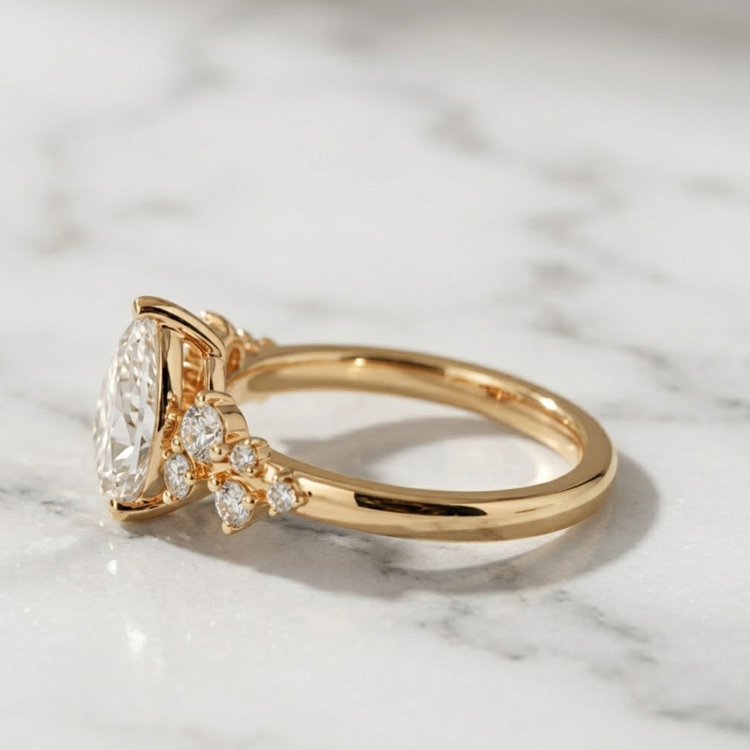 Pear Cut Lab Grown Diamond Engagement Ring, 1 Carat Tear Shape Solitaire in 9K, 14K, 18K Gold | Handmade Minimalist Wedding