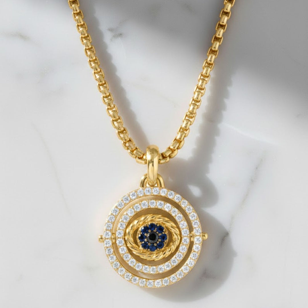 Diamond and Blue Sapphire Evil Eye Pendant Necklace, 14K Gold, Pave Set, Spiritual Birthstone Jewelry, Gift for Her