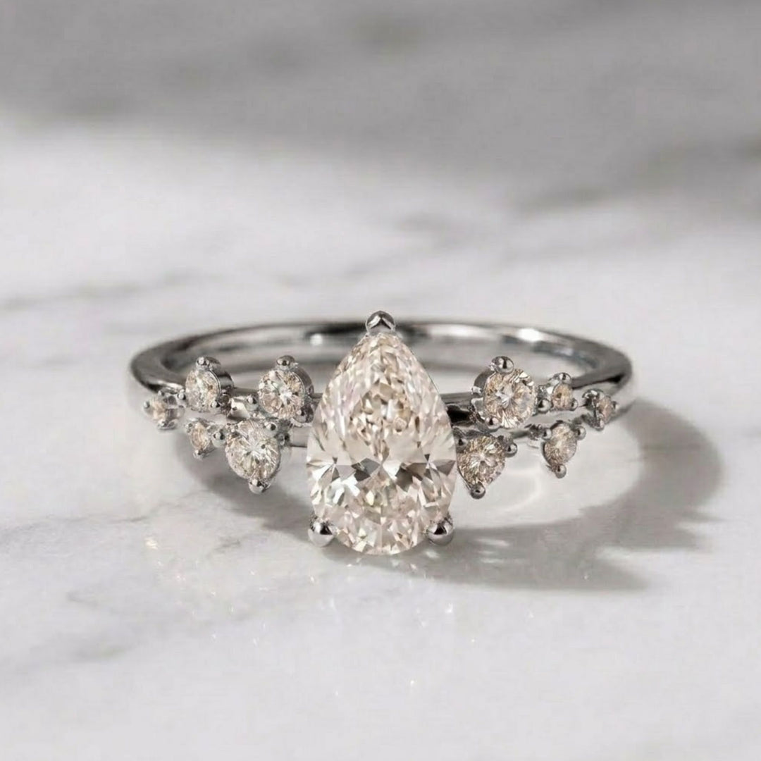 Pear Cut Lab Grown Diamond Engagement Ring, 1 Carat Tear Shape Solitaire in 9K, 14K, 18K Gold | Handmade Minimalist Wedding