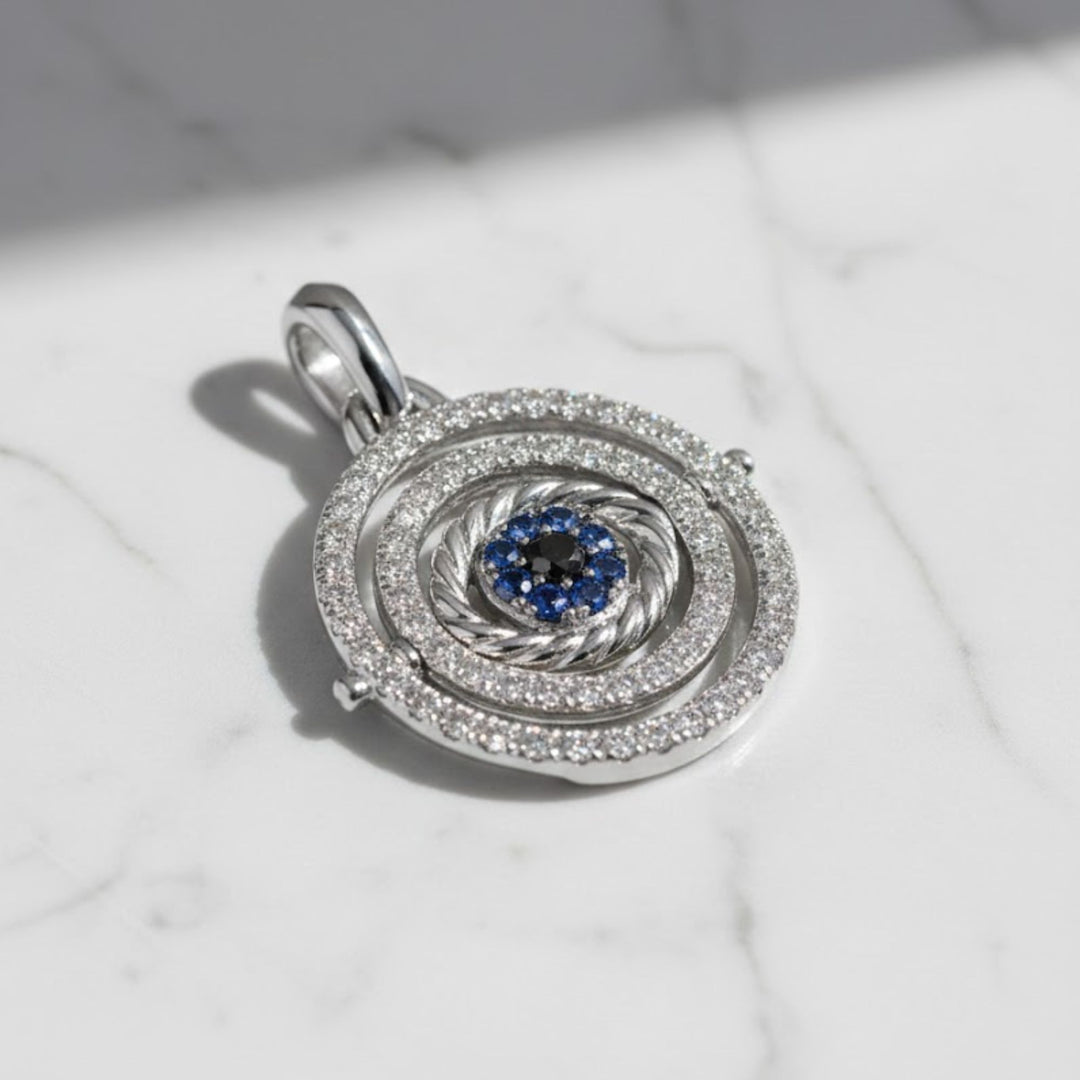 Diamond and Blue Sapphire Evil Eye Pendant Necklace, 14K Gold, Pave Set, Spiritual Birthstone Jewelry, Gift for Her