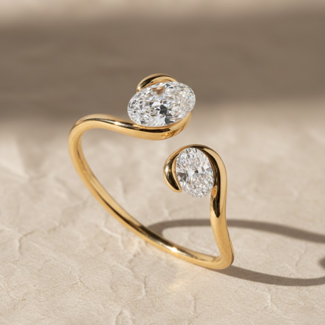 Oval Diamond Wrap Ring, 14K Solid Gold, Bypass Dual Stone Setting, Dainty Modern Promise Jewelry, Custom Metal & Diamond Options