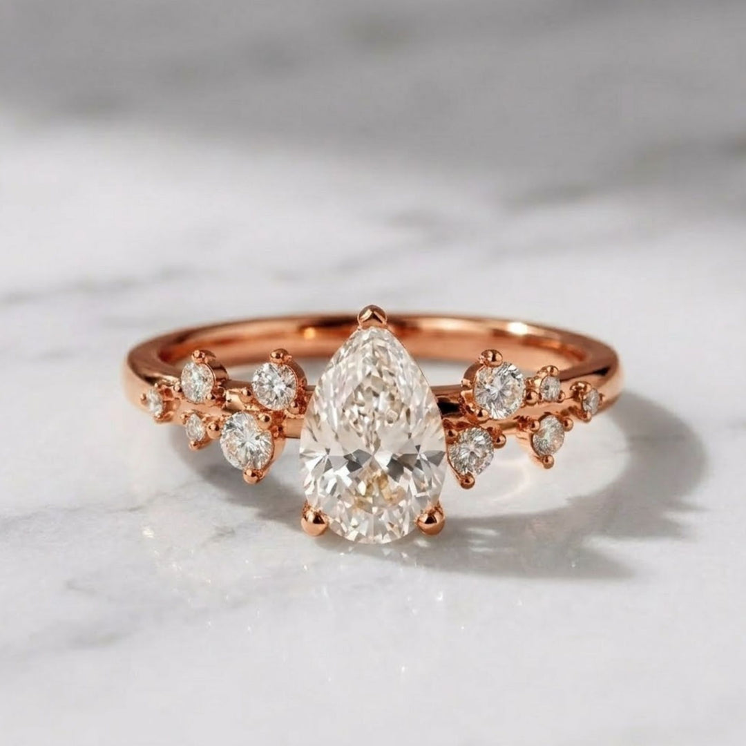 Pear Cut Lab Grown Diamond Engagement Ring, 1 Carat Tear Shape Solitaire in 9K, 14K, 18K Gold | Handmade Minimalist Wedding