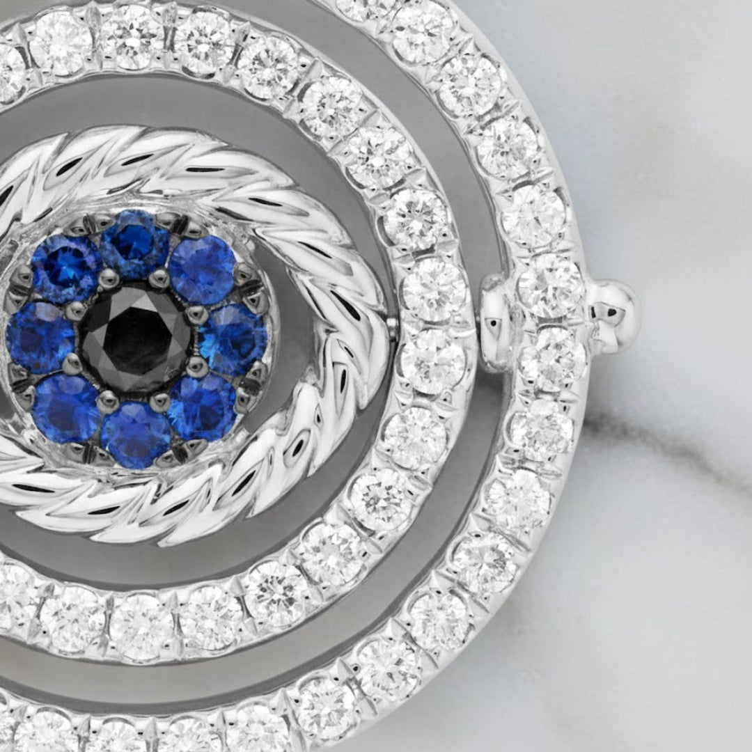 Diamond and Blue Sapphire Evil Eye Pendant Necklace, 14K Gold, Pave Set, Spiritual Birthstone Jewelry, Gift for Her
