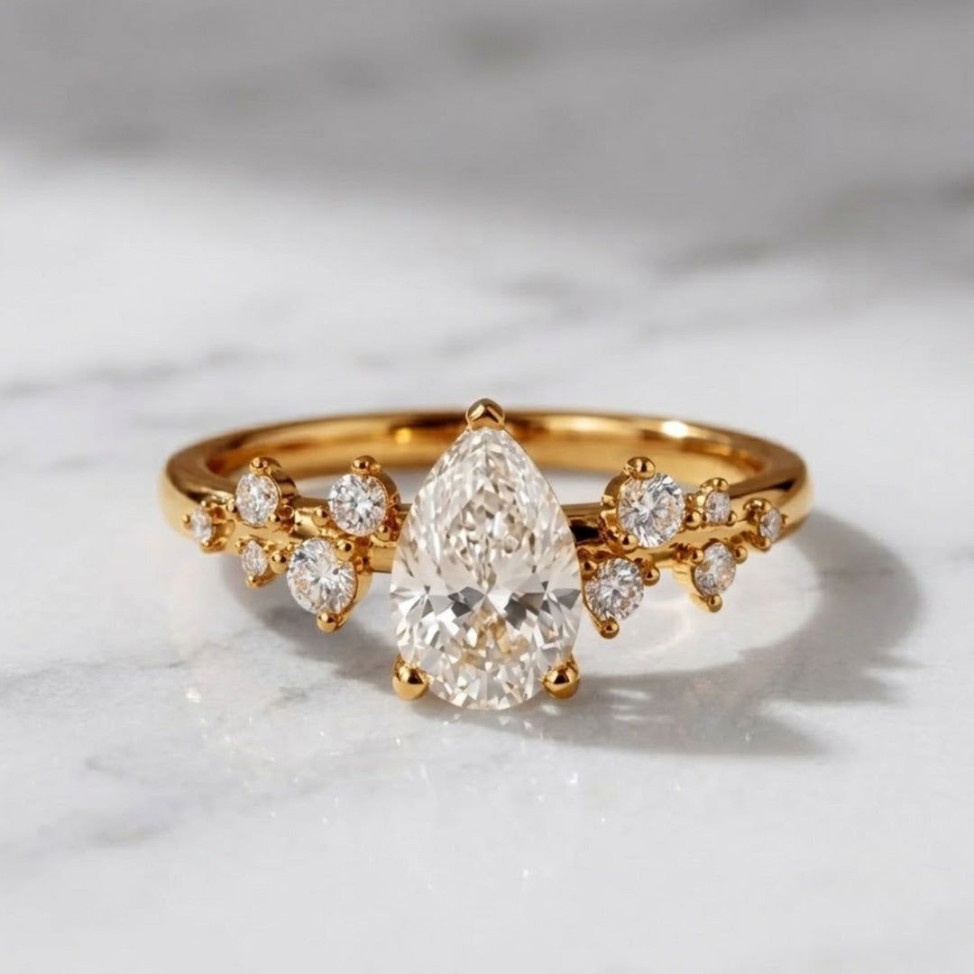 Pear Cut Lab Grown Diamond Engagement Ring, 1 Carat Tear Shape Solitaire in 9K, 14K, 18K Gold | Handmade Minimalist Wedding