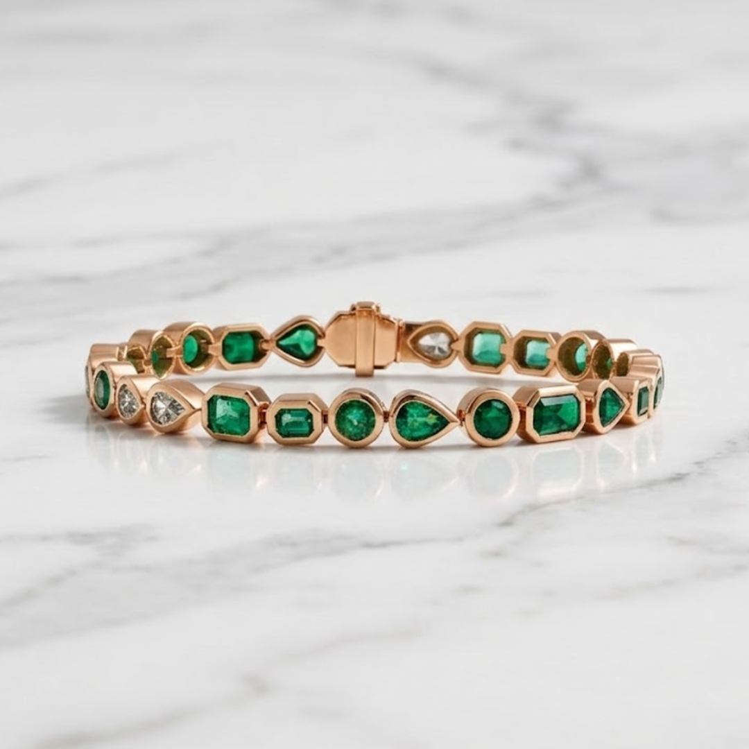18K Solid Gold | Natural Green Zambian Emerald & Sapphire Bracelet | One of a Kind