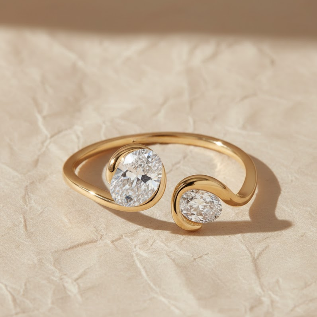 Oval Diamond Wrap Ring, 14K Solid Gold, Bypass Dual Stone Setting, Dainty Modern Promise Jewelry, Custom Metal & Diamond Options