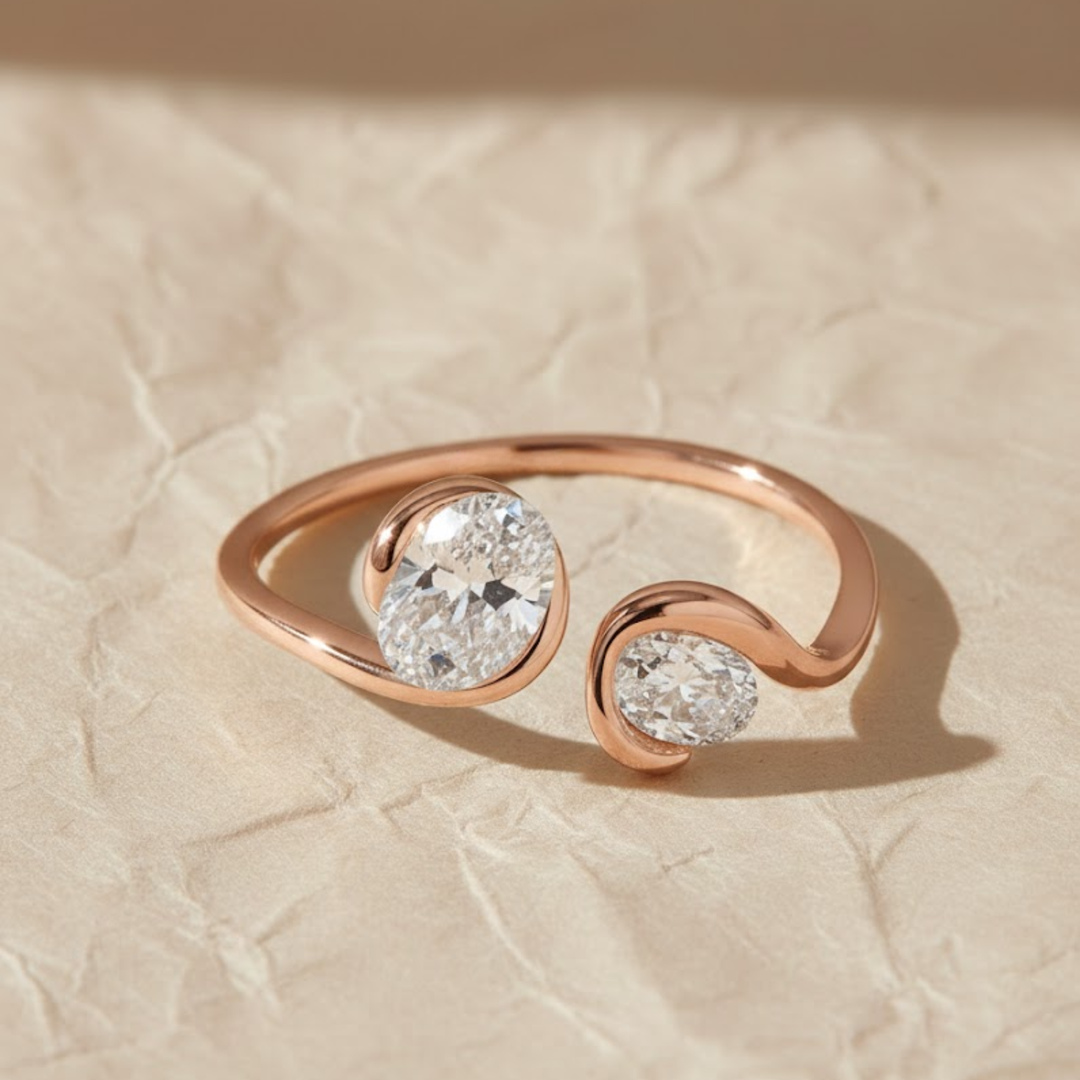 Oval Diamond Wrap Ring, 14K Solid Gold, Bypass Dual Stone Setting, Dainty Modern Promise Jewelry, Custom Metal & Diamond Options