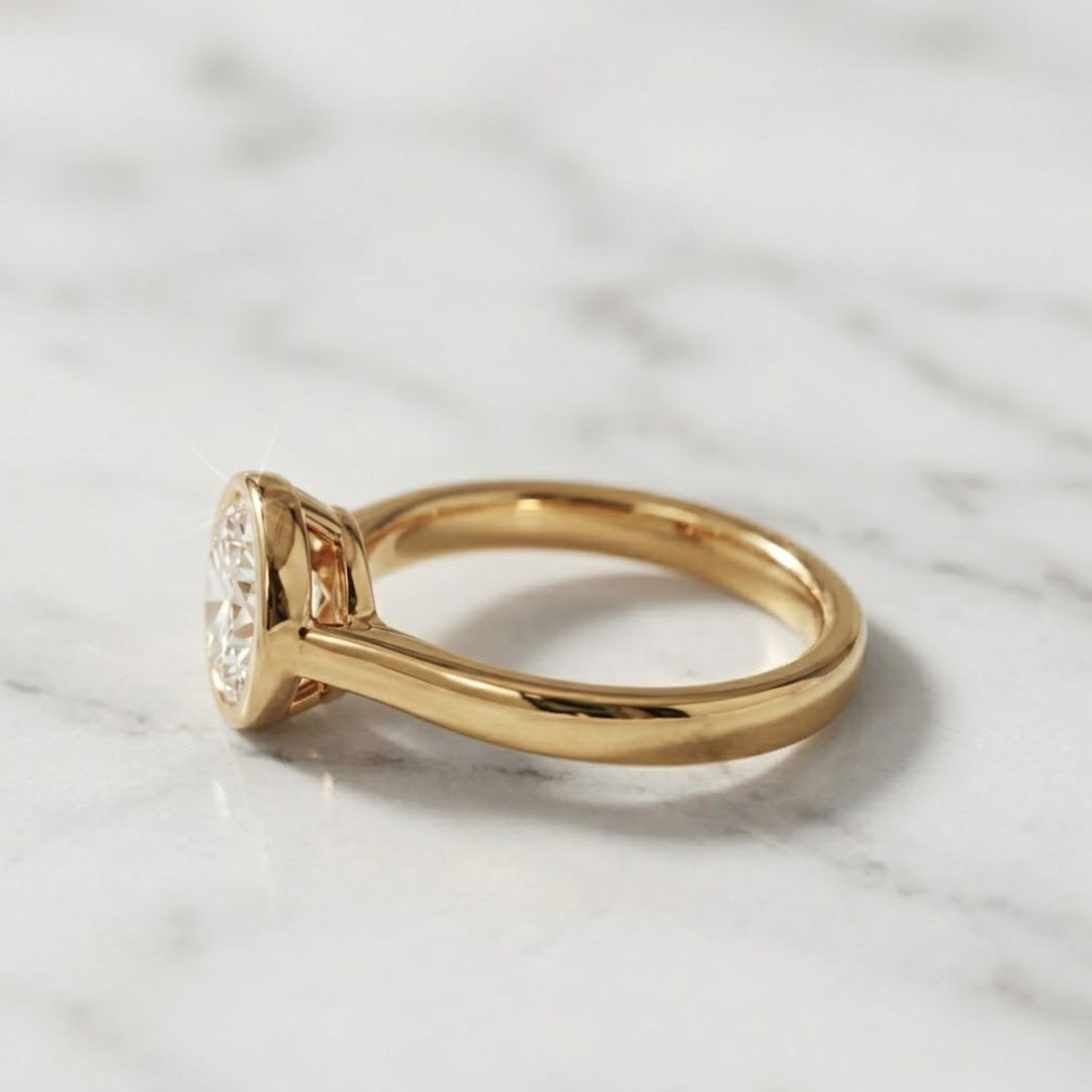 Oval Bezel Set Lab-Grown Diamond Engagement Ring in 9K, 14K, 18K White, Yellow, Rose Gold | Handmade Wedding Ring for Women