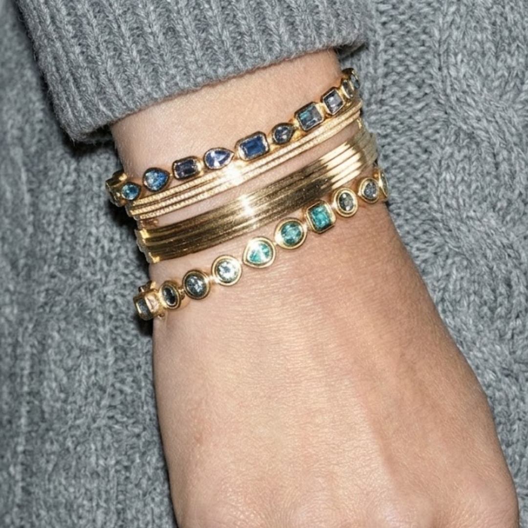 18K Solid Gold | Natural Green Zambian Emerald & Sapphire Bracelet | One of a Kind