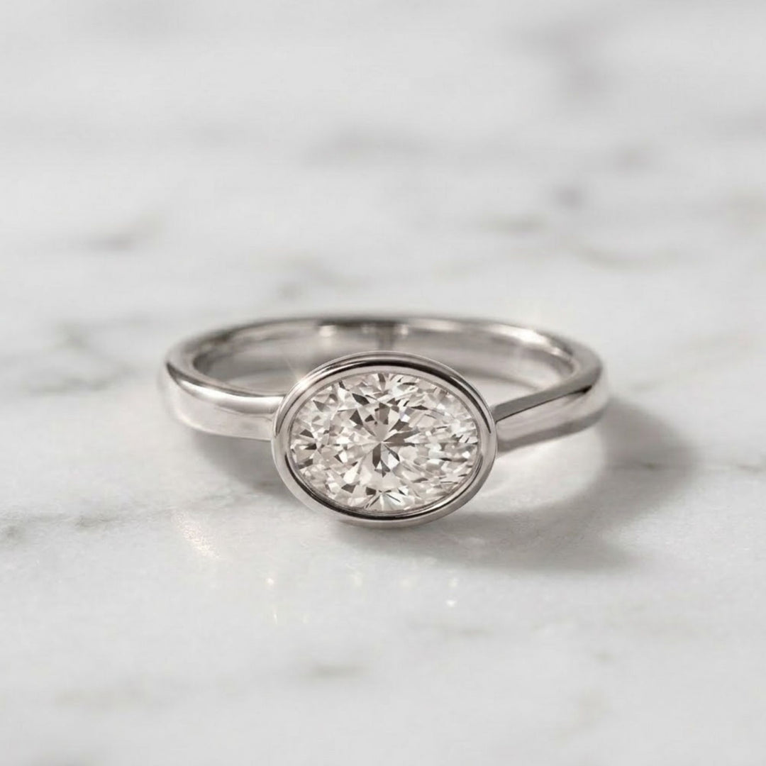 Oval Bezel Set Lab-Grown Diamond Engagement Ring in 9K, 14K, 18K White, Yellow, Rose Gold | Handmade Wedding Ring for Women