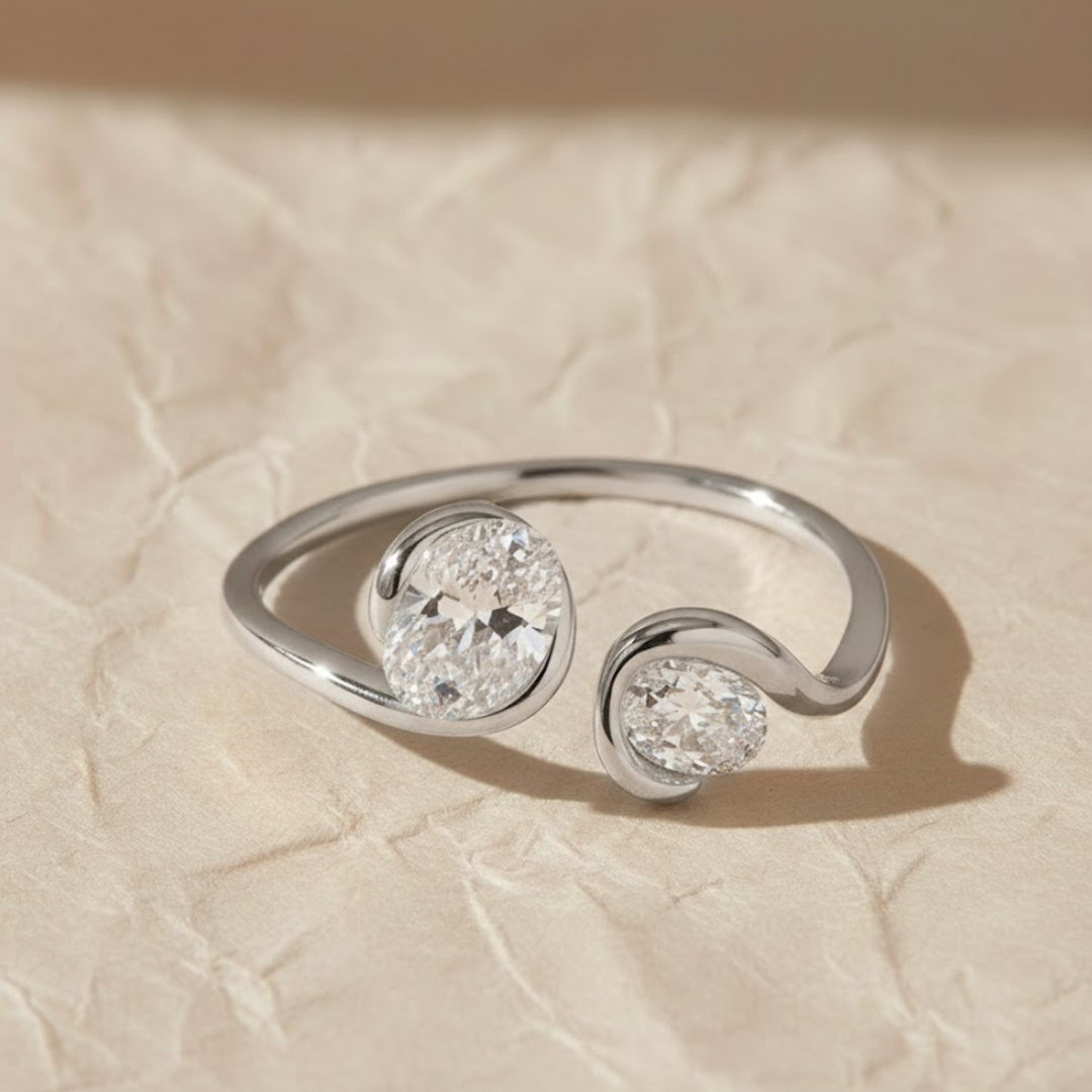 Oval Diamond Wrap Ring, 14K Solid Gold, Bypass Dual Stone Setting, Dainty Modern Promise Jewelry, Custom Metal & Diamond Options