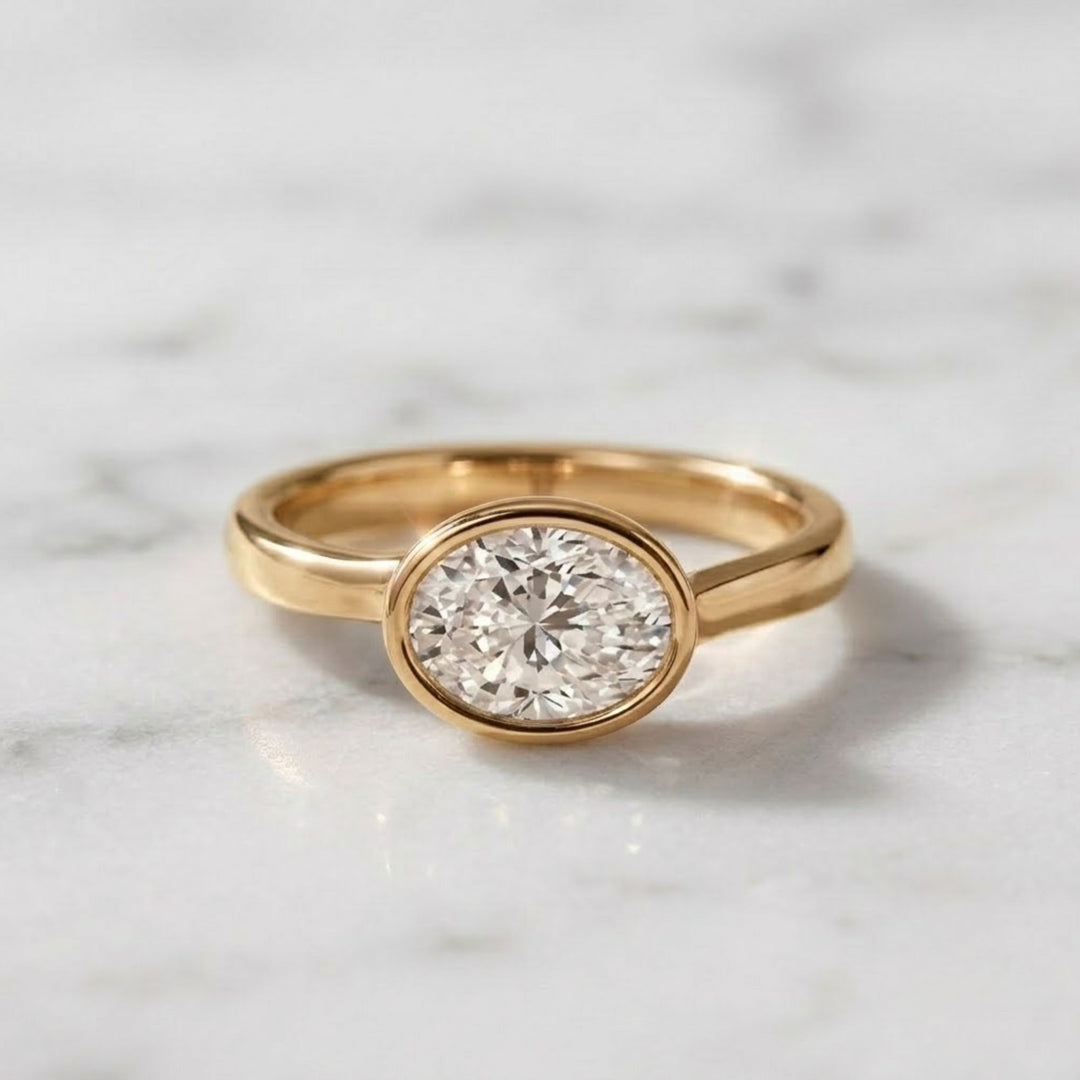 Oval Bezel Set Lab-Grown Diamond Engagement Ring in 9K, 14K, 18K White, Yellow, Rose Gold | Handmade Wedding Ring for Women