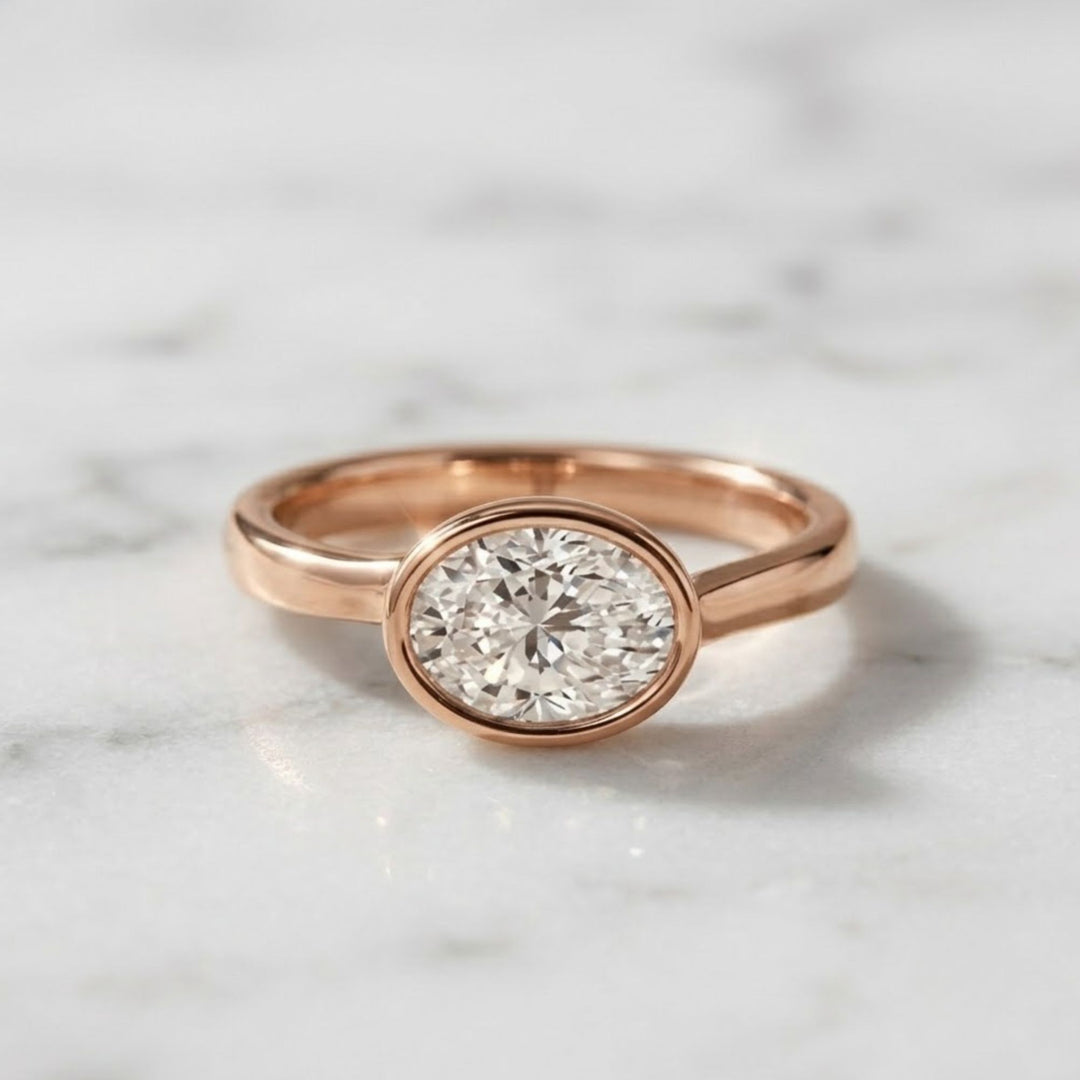 Oval Bezel Set Lab-Grown Diamond Engagement Ring in 9K, 14K, 18K White, Yellow, Rose Gold | Handmade Wedding Ring for Women
