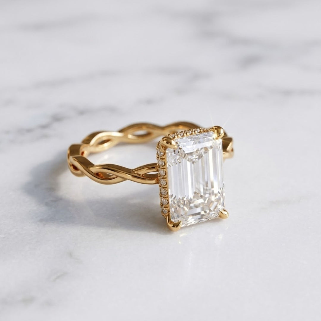 Emerald Cut Hidden Halo Diamond Ring 14K Gold