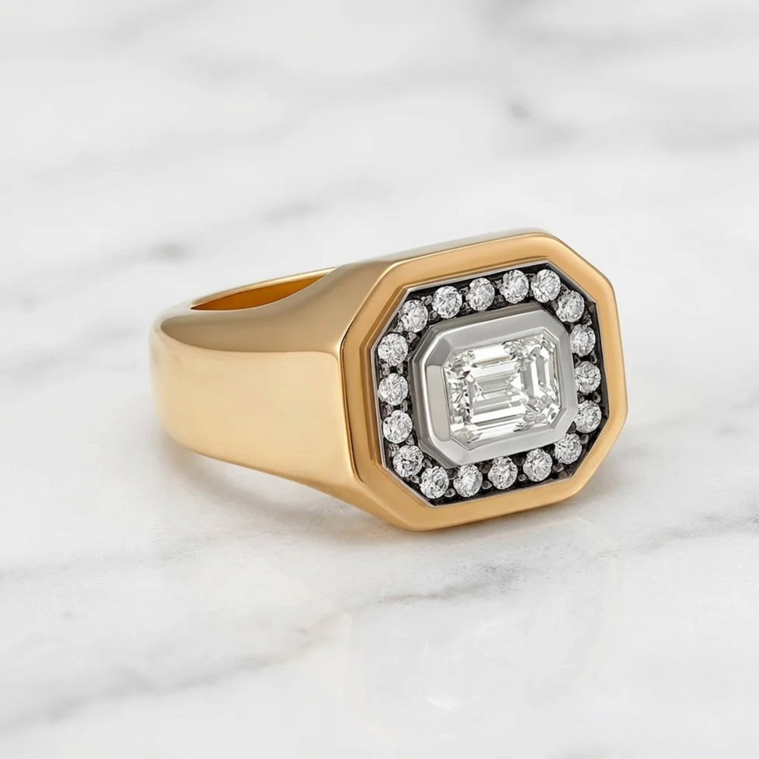 14K Solid Gold Signet Ring, Emerald Cut Halo Diamond Ring, Two Tone Bold Statement Ring, Luxury Anniversary Gift, Bold Ring For Her, Gift