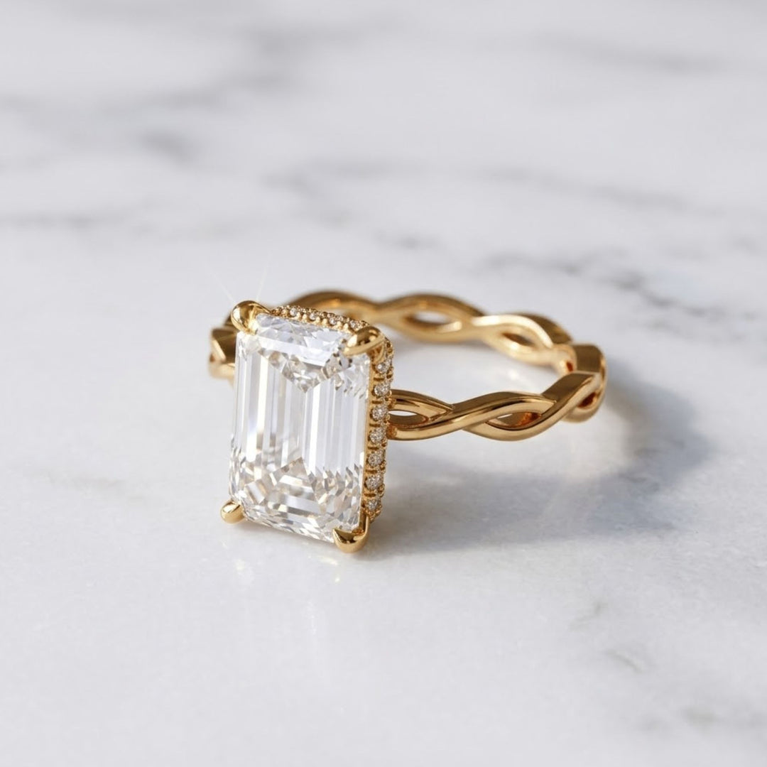 Emerald Cut Hidden Halo Diamond Ring 14K Gold