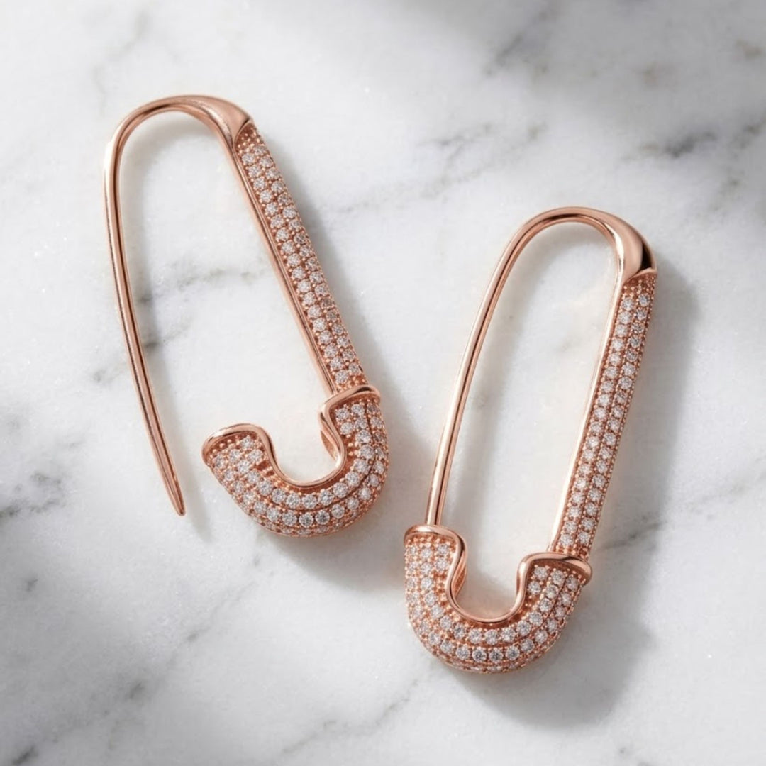 Gold Safety Pin Earrings | Pave Diamond Safety Pin | Pin Earrings | Trendy Gold Earrings | Statement Earrings | Gift For Her | Fine Jewelry