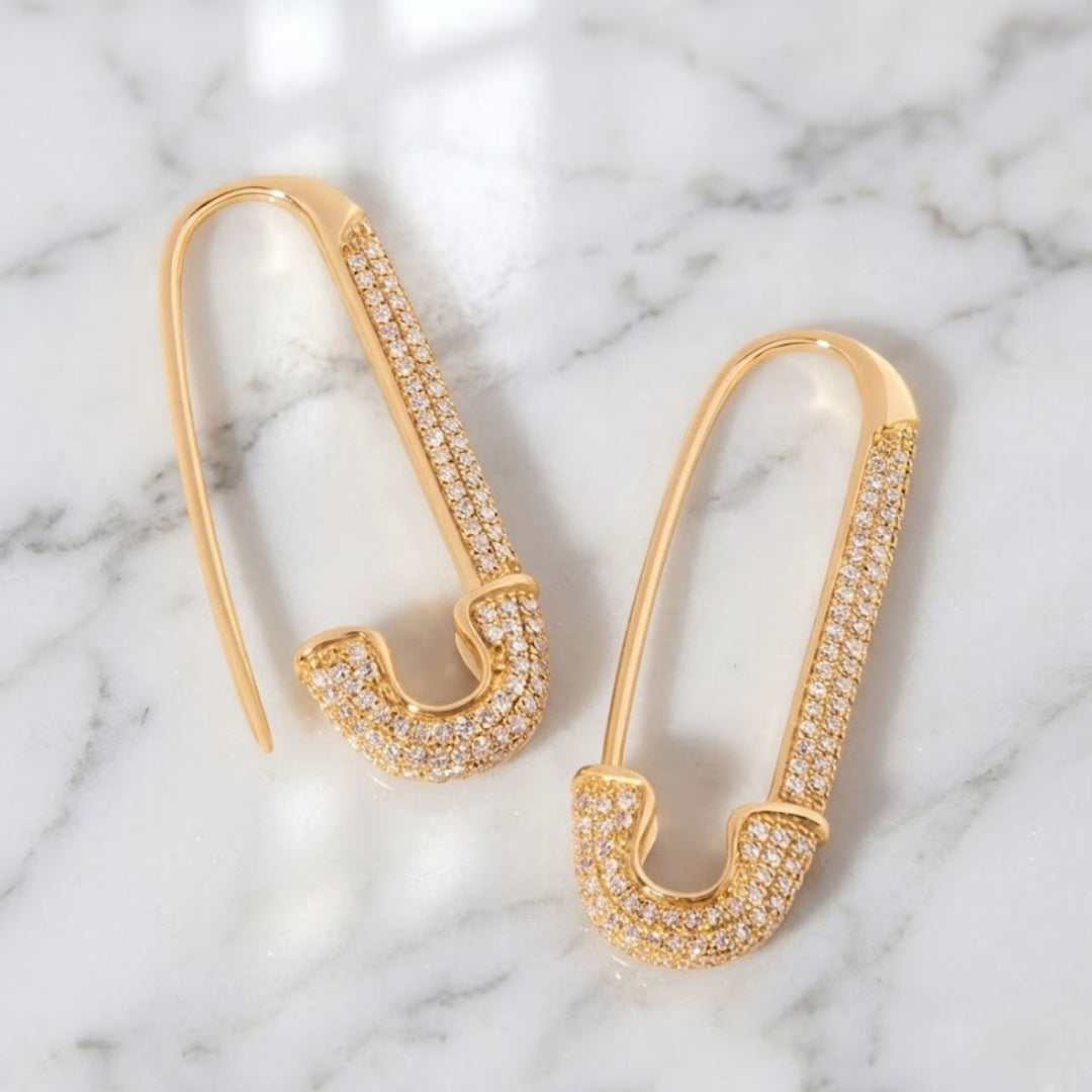 Gold Safety Pin Earrings | Pave Diamond Safety Pin | Pin Earrings | Trendy Gold Earrings | Statement Earrings | Gift For Her | Fine Jewelry