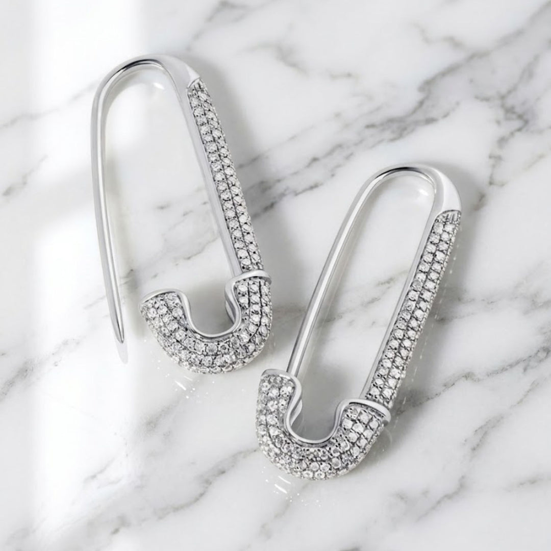 Gold Safety Pin Earrings | Pave Diamond Safety Pin | Pin Earrings | Trendy Gold Earrings | Statement Earrings | Gift For Her | Fine Jewelry