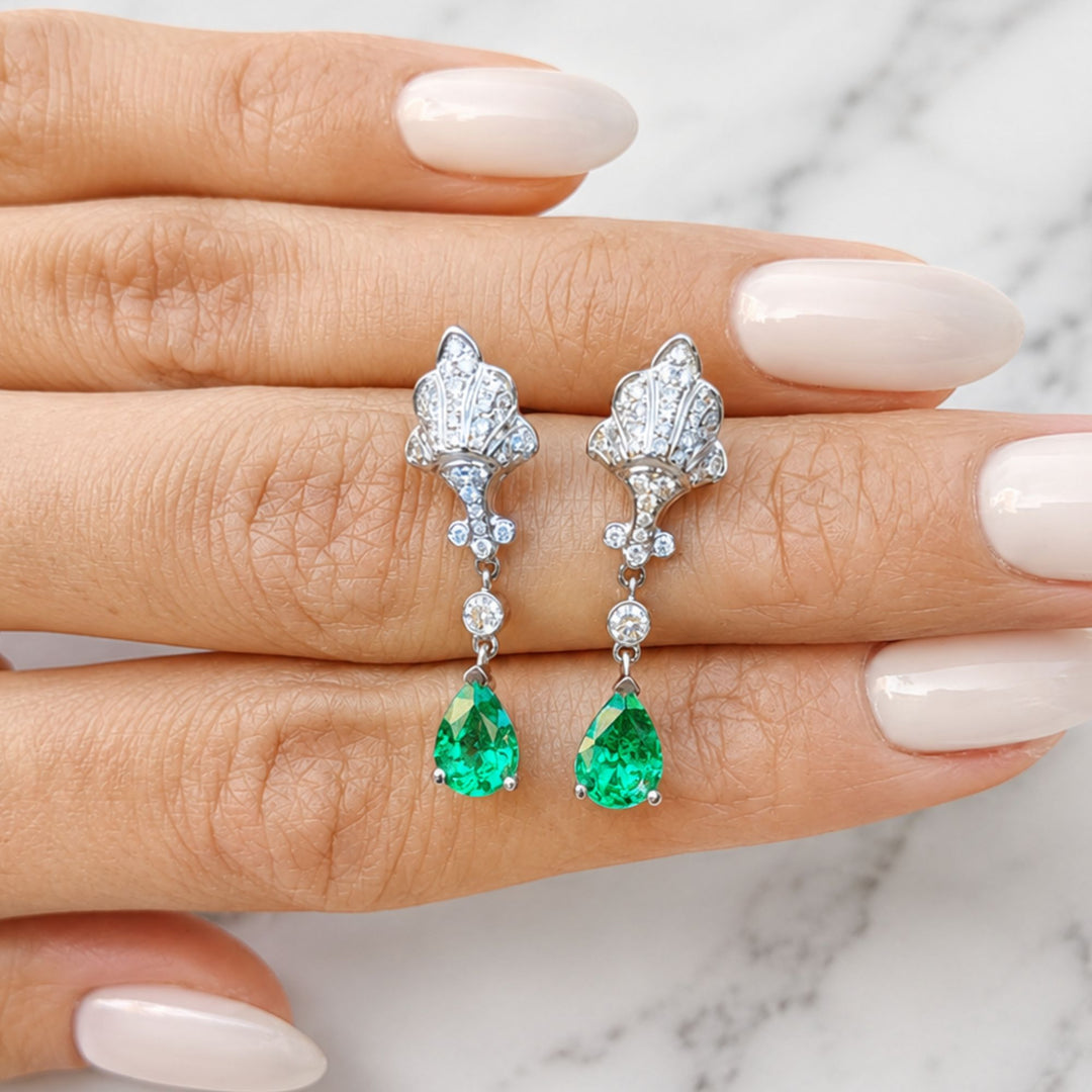 1.35 CT Natural Zambian Emerald and 0.41 Natural Diamond Pave Earrings, 14K Solid Gold