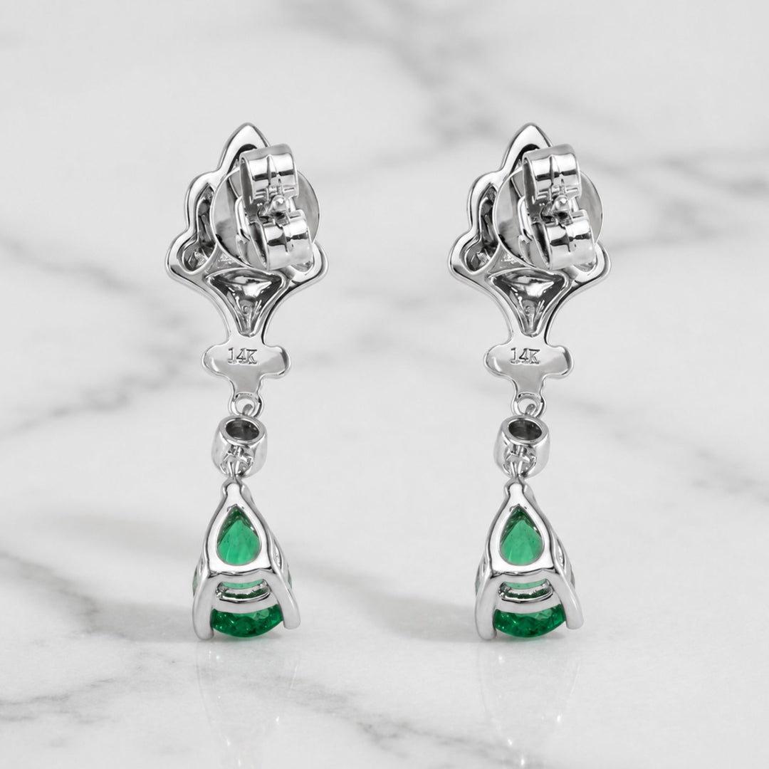 1.35 CT Natural Zambian Emerald and 0.41 Natural Diamond Pave Earrings, 14K Solid Gold