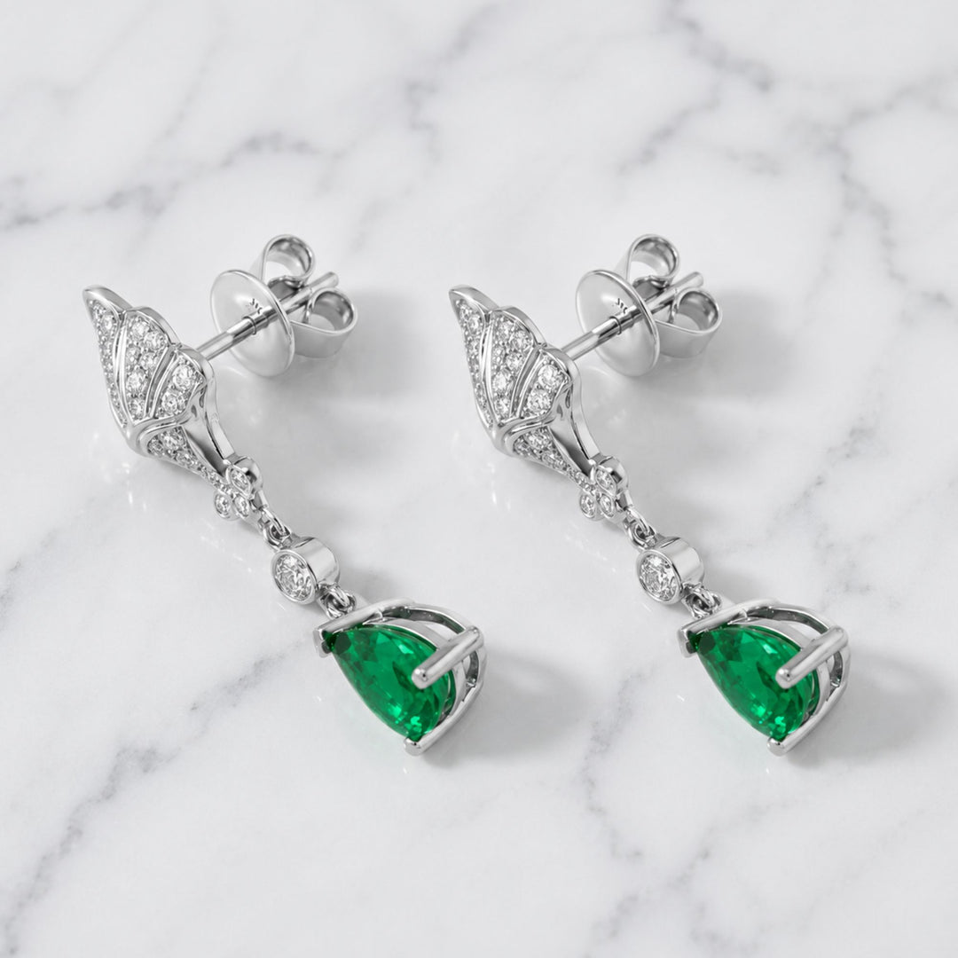1.35 CT Natural Zambian Emerald and 0.41 Natural Diamond Pave Earrings, 14K Solid Gold