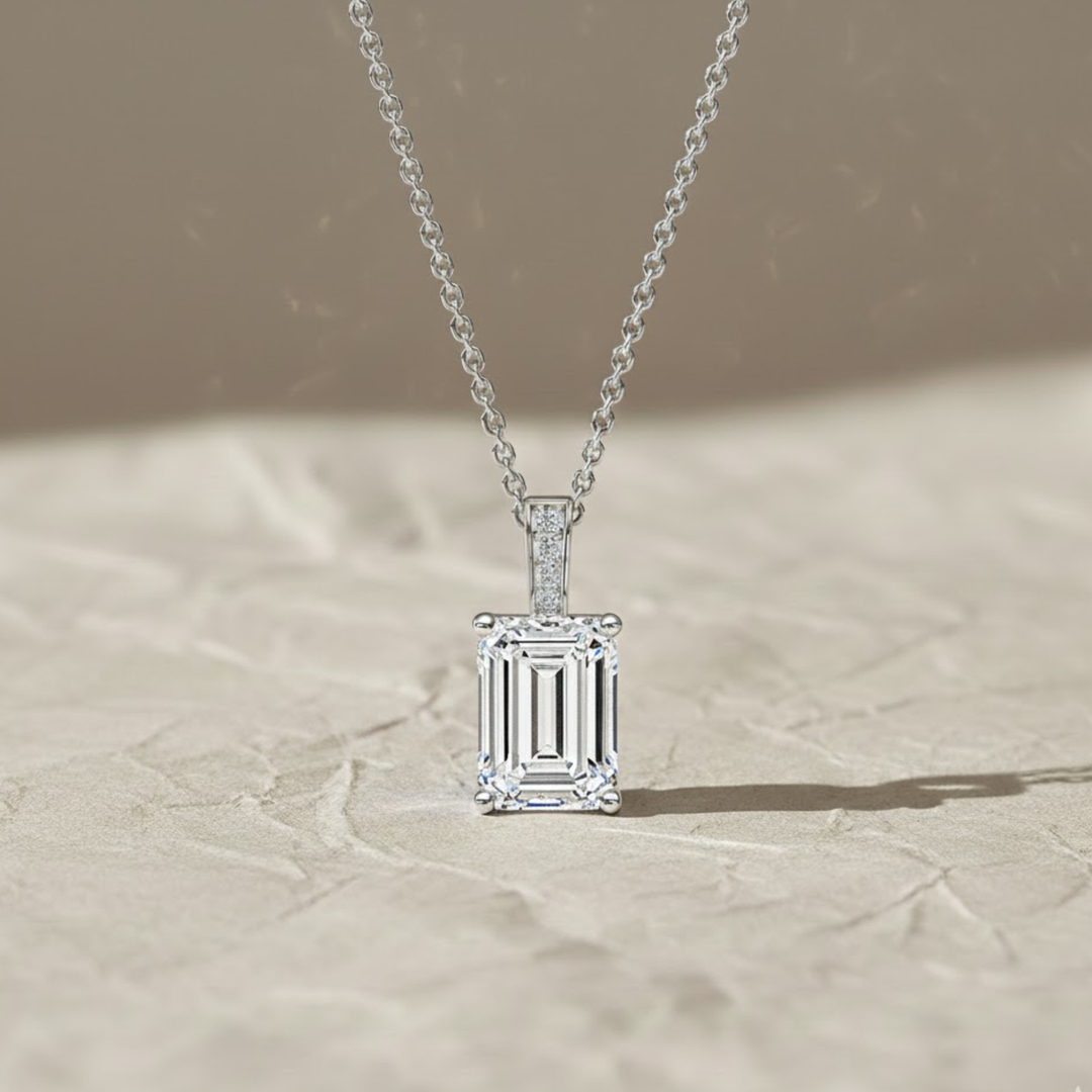 14k Gold Emerald Cut Lab Grown Diamond Charm Pendant, 1.50 CTW Lab Grown Diamond Solitaire Necklace Prong Setting IGI Certified Diamond