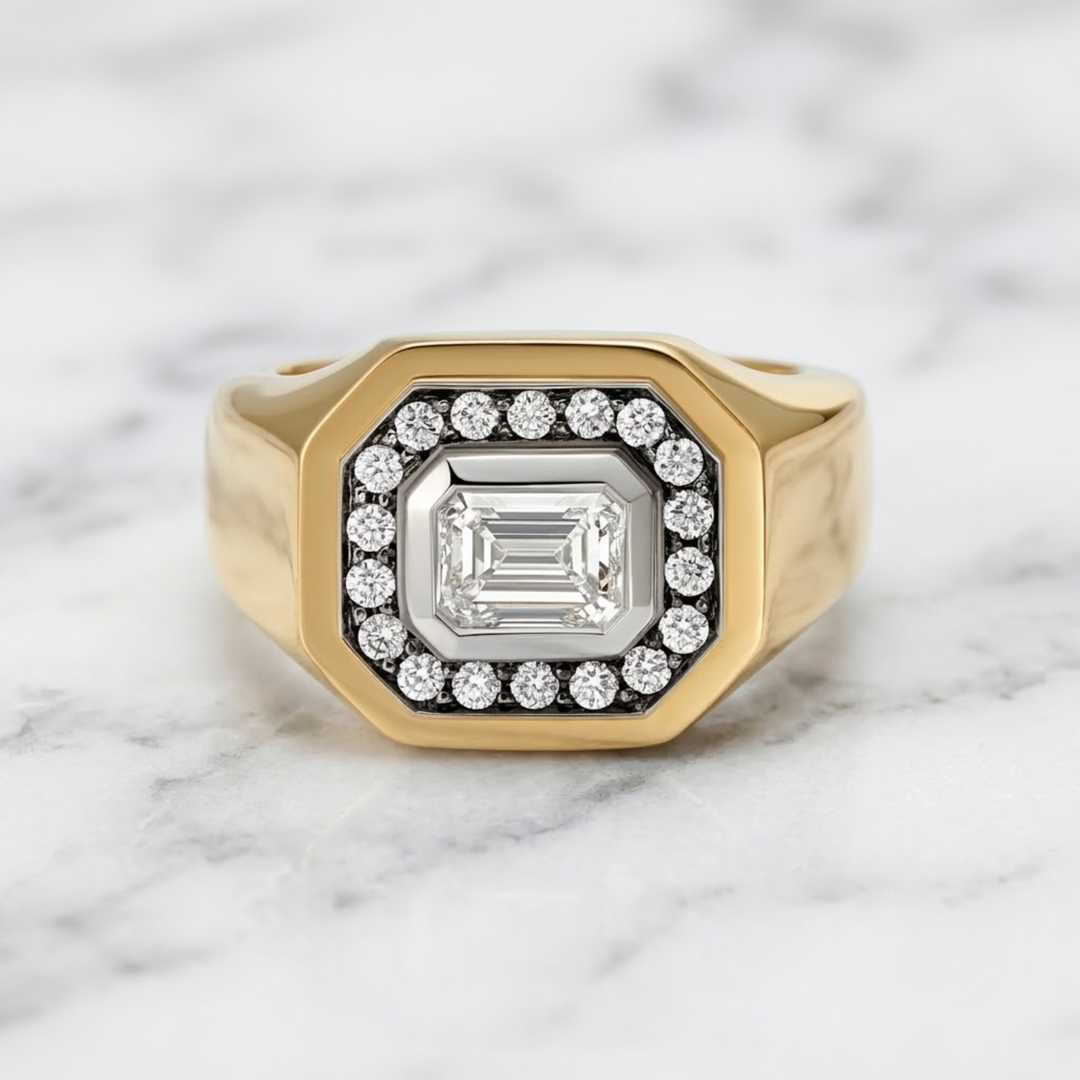14K Solid Gold Signet Ring, Emerald Cut Halo Diamond Ring, Two Tone Bold Statement Ring, Luxury Anniversary Gift, Bold Ring For Her, Gift